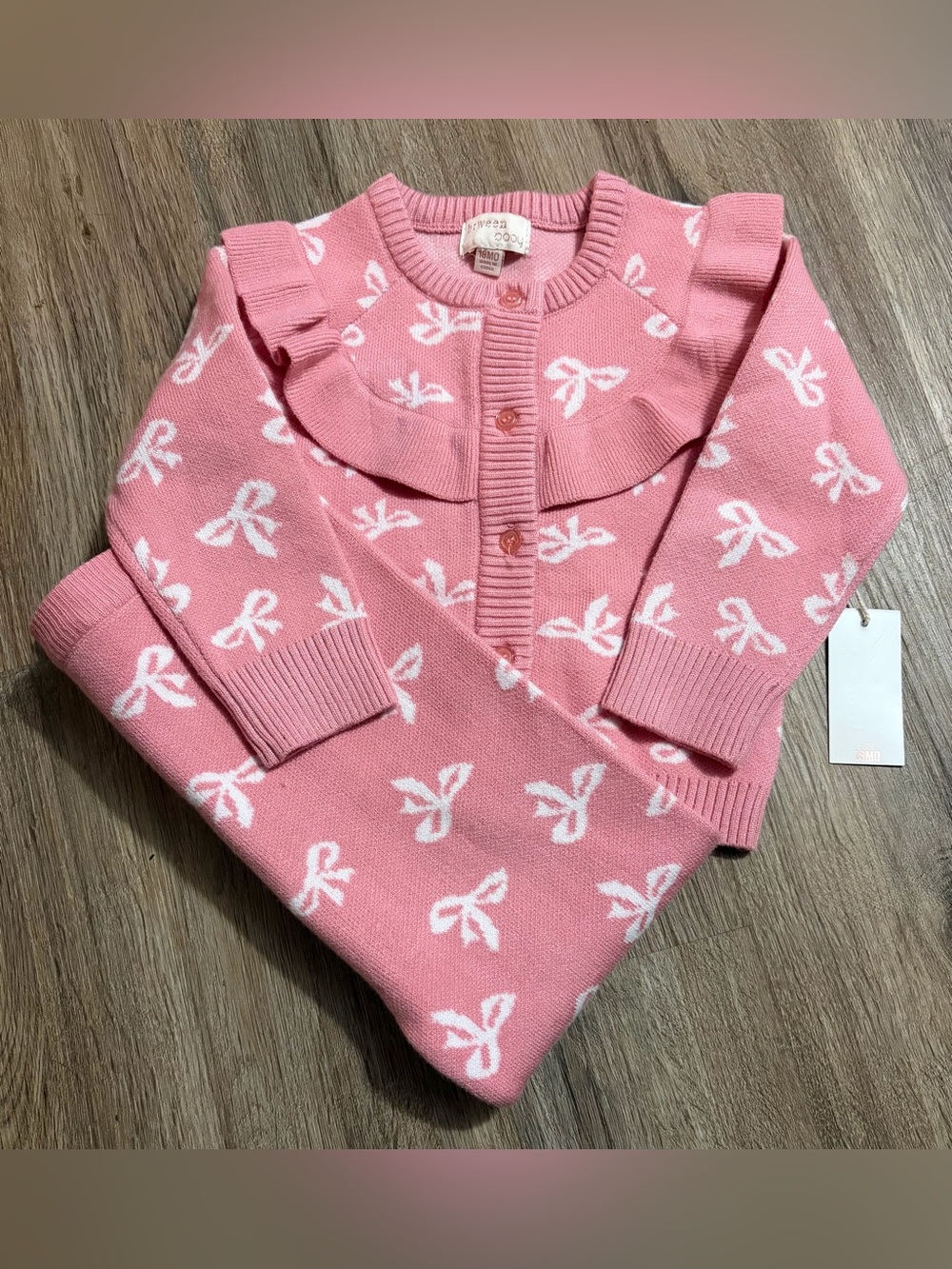 Btween Baby - Pink Bow-Print Knit Cardigan and Pants Set - Size 18 Months
